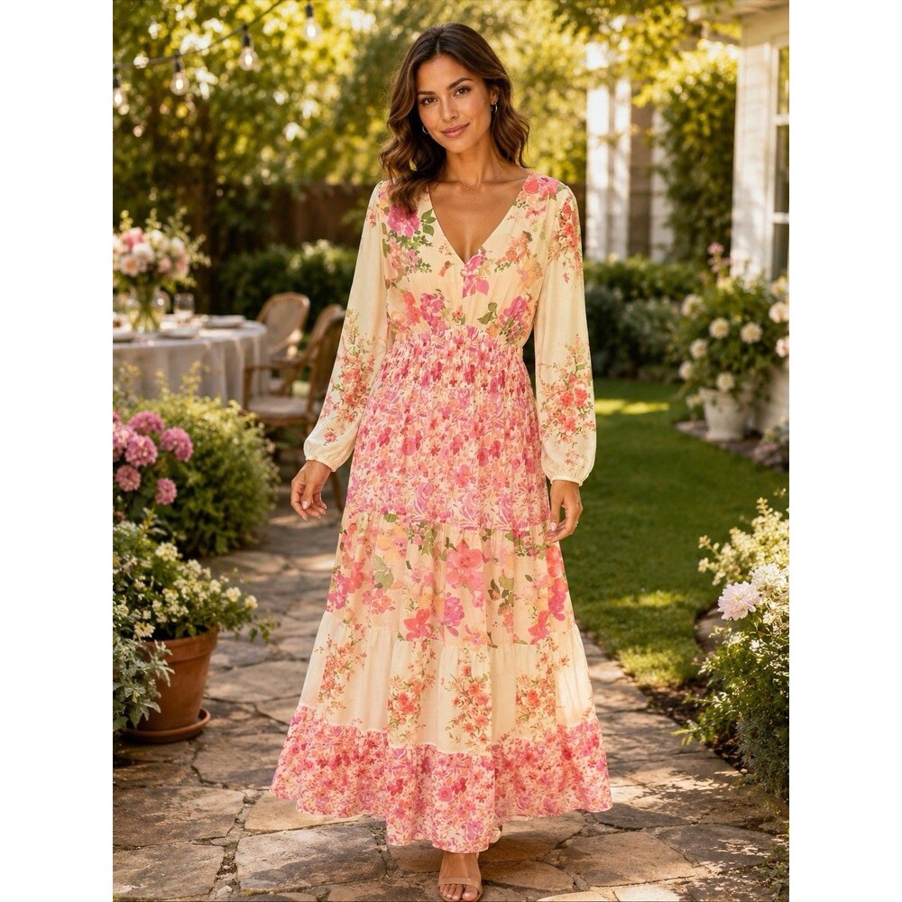 Maison Tara Chiffon Tiered Ruffle V-Neck Sleeveless Maxi Dress 16W Cottage NWT
